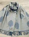 Soft Blue Grey Mulberry Life Tree Print Large Reversible Cashmere Blend Warm Scarf Shawl
