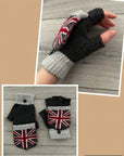 Union Jack British Flag Knitted Unisex Fingerless Flap Over Mittens Gloves