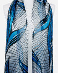 Blue Abstract Design Shiny Silky Satin and Chiffon Soft Scarf Shawl