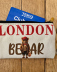 London Teddy Bear Canvas Pouch – Tower Bridge Souvenir Makeup Bag, Travel Coin Purse, UK Gift