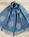 Soft Blue Grey Mulberry Life Tree Print Large Reversible Cashmere Blend Warm Scarf Shawl