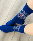 Blue Union Jack British Flag Dragon London Patriotic Socks, Novelty Fun Gift Socks