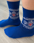 Blue Union Jack British Flag Dragon London Patriotic Socks, Novelty Fun Gift Socks