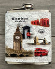 Stainless Steel Hip Flask, London Icons, Gift, Big Ben, London Bus, Guards