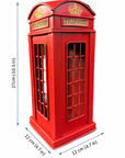 Red model of a British telephone booth with dimensions