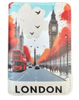 small wallet with London-themed design featuring Big Ben, a red double-decker bus, and people on the street.