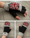Union Jack British Flag Knitted Unisex Fingerless Flap Over Mittens Gloves