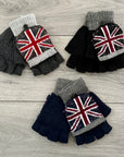 Union Jack British Flag Knitted Unisex Fingerless Flap Over Mittens Gloves