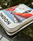 Wallet with 'London' design featuring a cityscape and red double-decker bus.