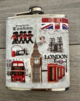 Stainless Steel Hip Flask, London Icons, Gift, Big Ben, London Bus, Guards