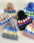 Ladies Zigzag Pattern Winter Knit Beanie Hat Fluffy Pompom Cuffed Skull Cap