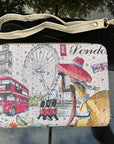 Wristlet with London-themed design featuring a double-decker bus, london eye, and British flag.