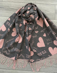 Soft I Love You Heart Design Cashmere Blend Reversible Winter Warm Scarf Shawl