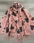 Soft I Love You Heart Design Cashmere Blend Reversible Winter Warm Scarf Shawl