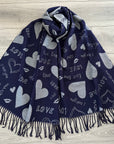 Soft I Love You Heart Design Cashmere Blend Reversible Winter Warm Scarf Shawl