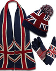 Union Jack Pompom Hat & Scarf & Full Finger Unisex Gloves Set