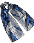 Blue Abstract Design Shiny Silky Satin and Chiffon Soft Scarf Shawl