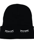 Sleepy Eyes Eyelash Cuffed Black Beanie Hat