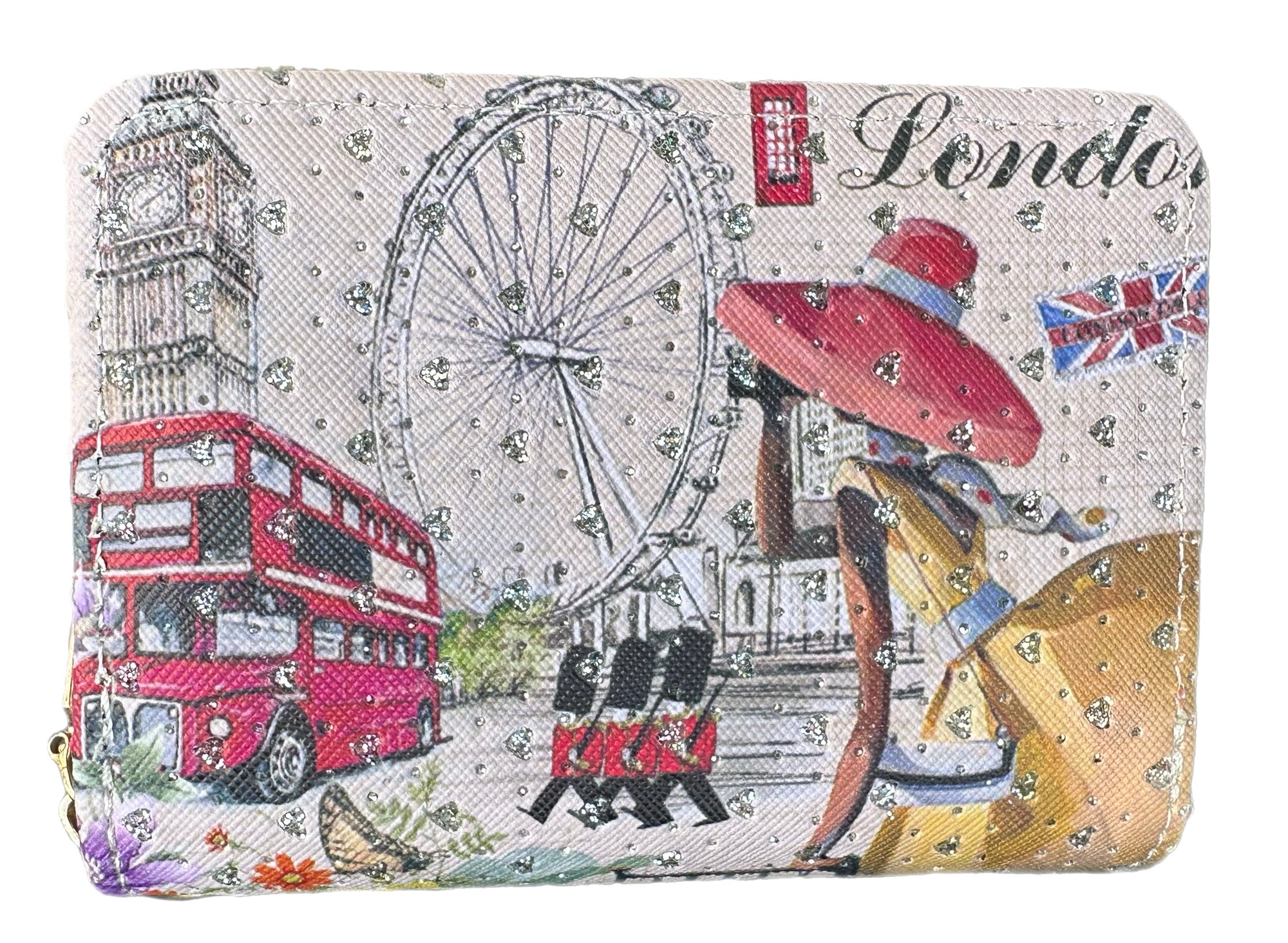 Wallet with London-themed design featuring a double-decker bus, london eye, and British flag.
