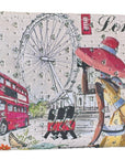 Wallet with London-themed design featuring a double-decker bus, london eye, and British flag.
