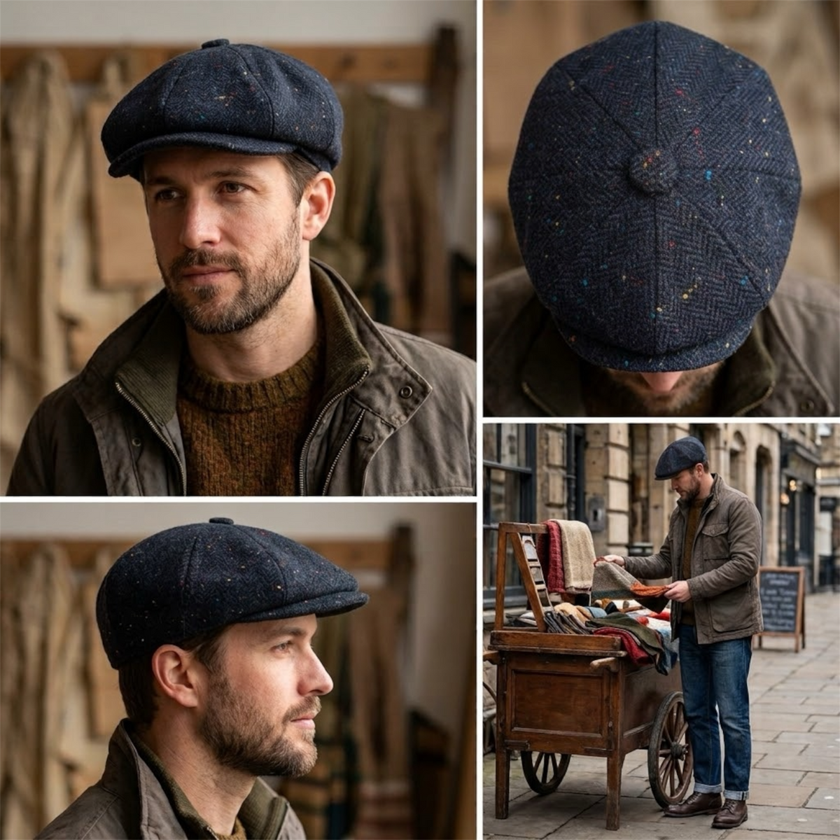 Newsboy Cap Herringbone Navy Flat Cap, Wool Baker Boy Hat, Peaky Blinders Vintage Style Flat Top Cap, Gift for Him
