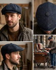 Newsboy Cap Herringbone Navy Flat Cap, Wool Baker Boy Hat, Peaky Blinders Vintage Style Flat Top Cap, Gift for Him