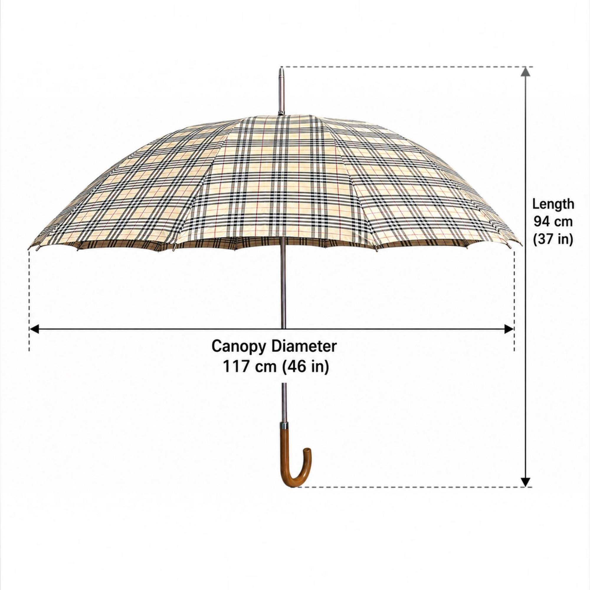 Classic Tartan Design Long Umbrella with Wooden Crook Handle , 12-Rib Traditional Walking Umbrella