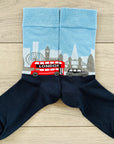 Seamless London Skyline Red Bus Big Ben Socks, Novelty Fun Gift Socks