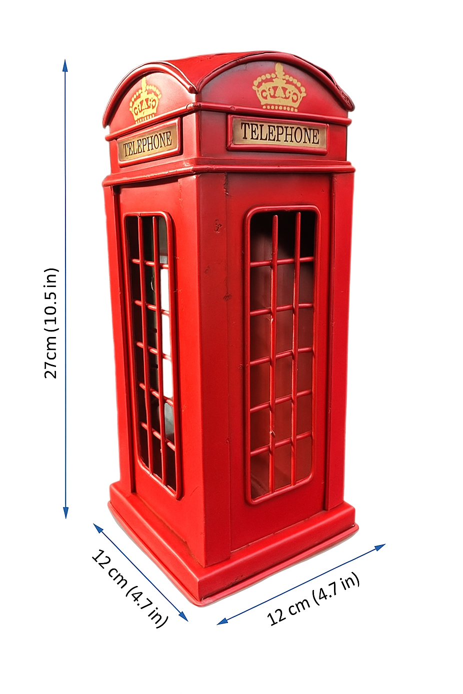 Red model of a British telephone booth with dimensions