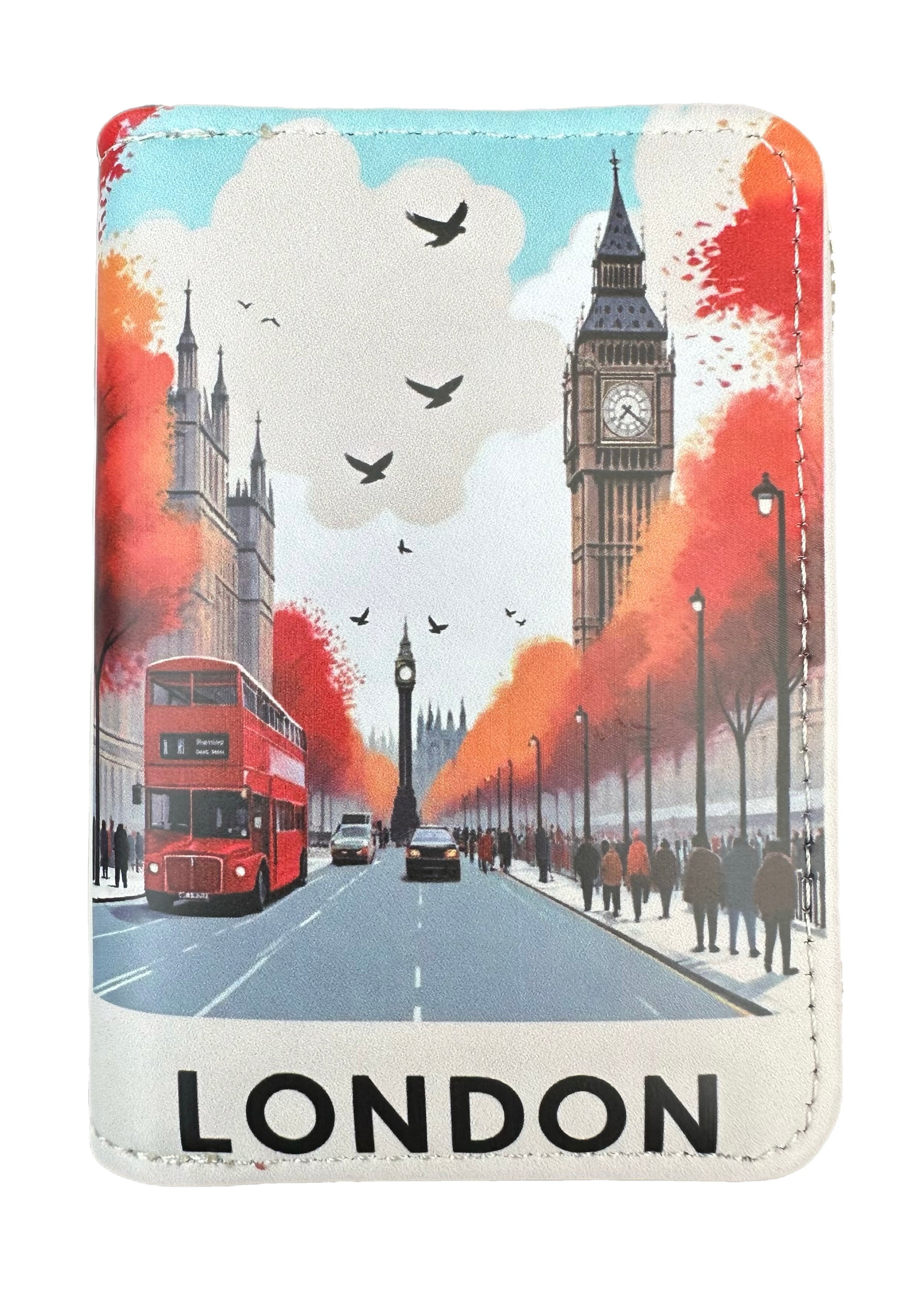 small wallet with London-themed design featuring Big Ben, a red double-decker bus, and people on the street.