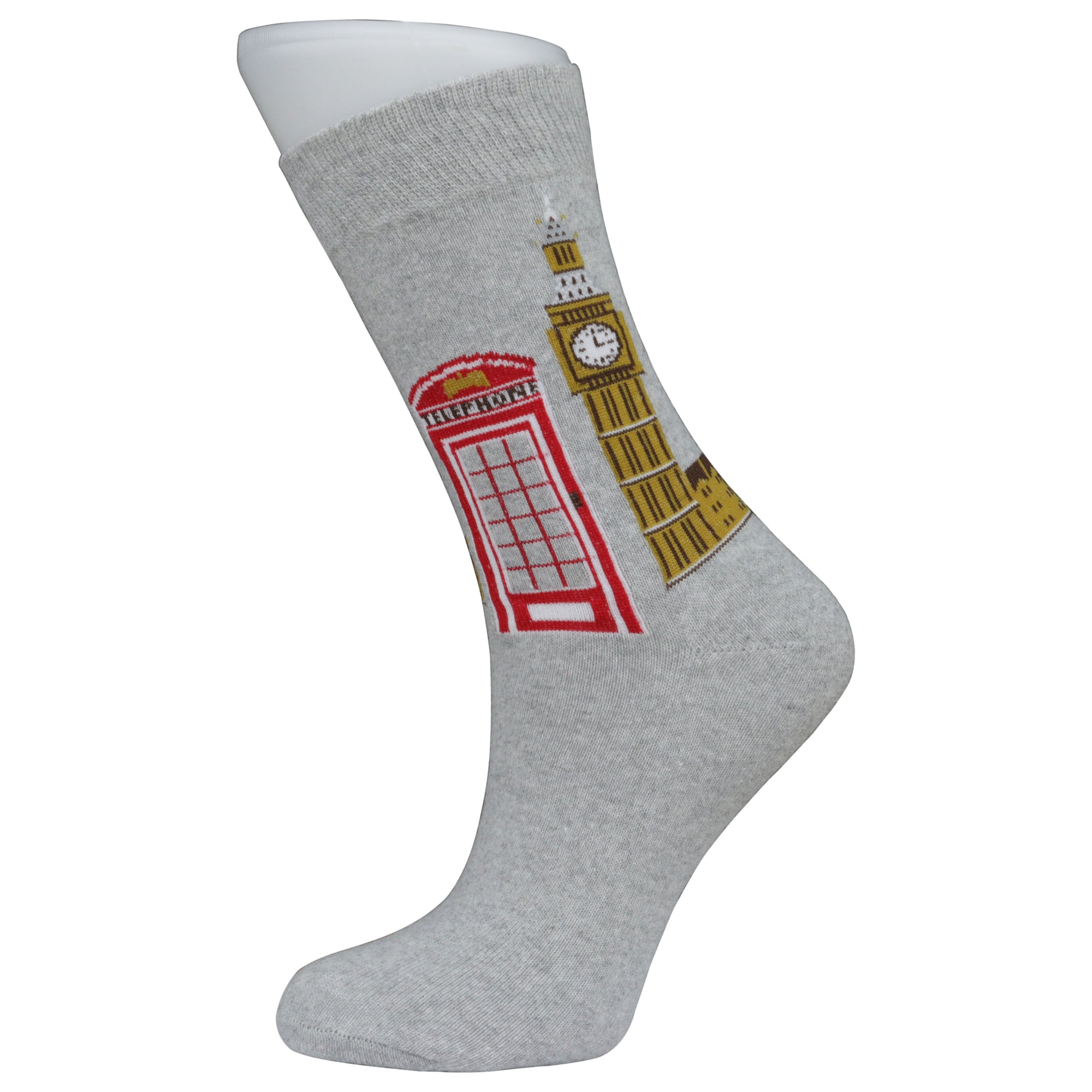 Grey Big Ben Telephone Box  London Socks, Novelty Fun Gift Socks