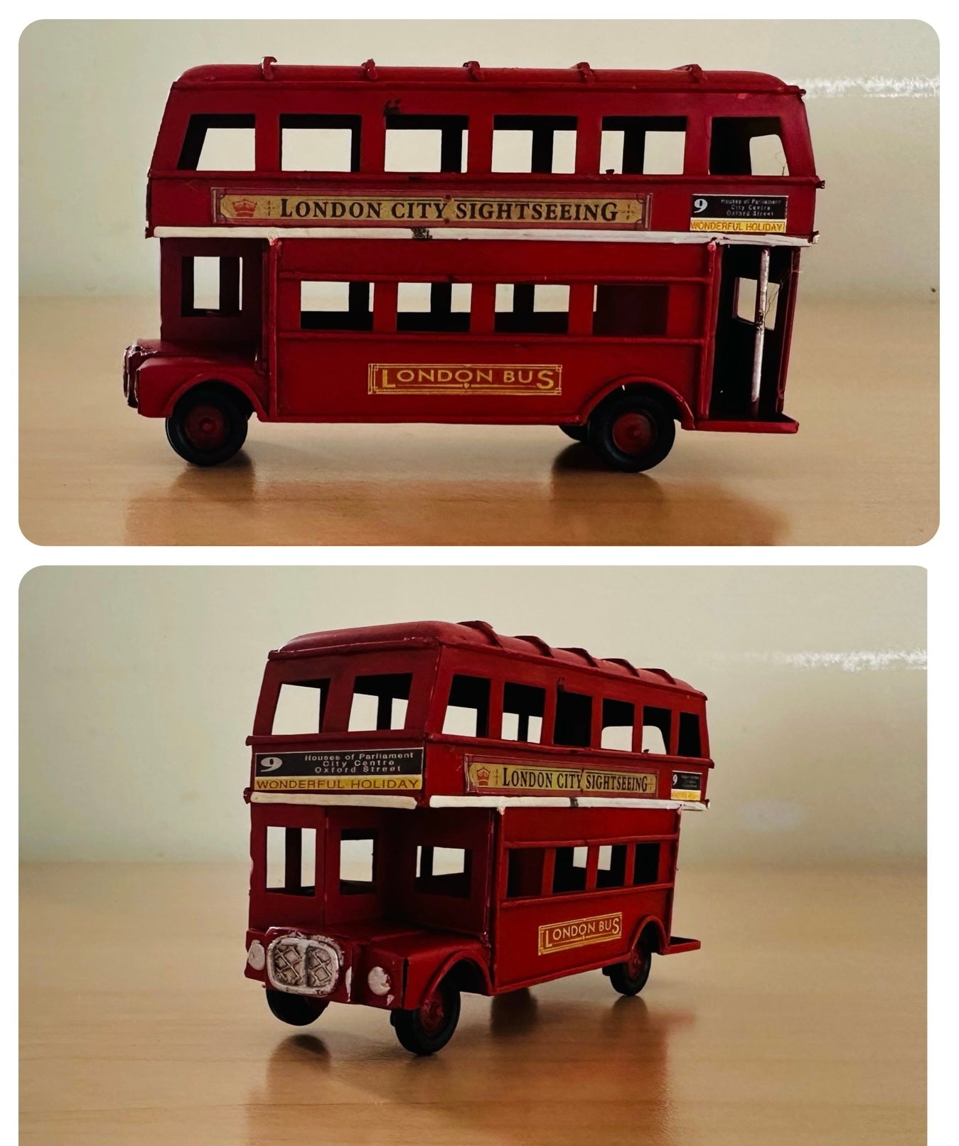 Vintage London Double Decker Bus, Retro Red Bus, City Sightseeing, Metal Ornament Antique