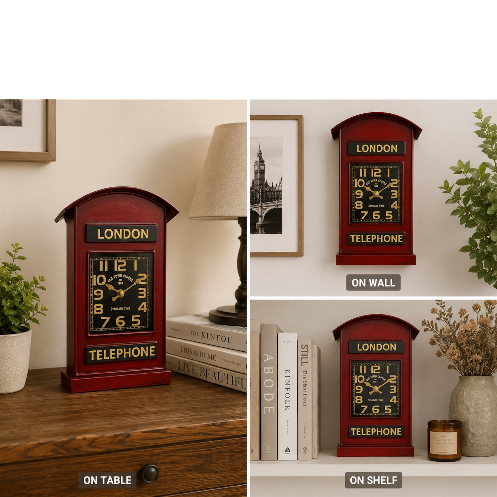 London Telephone Box Clock, Red British Table &amp; Wall Metal Clock, Home Decor, Novelty Gift