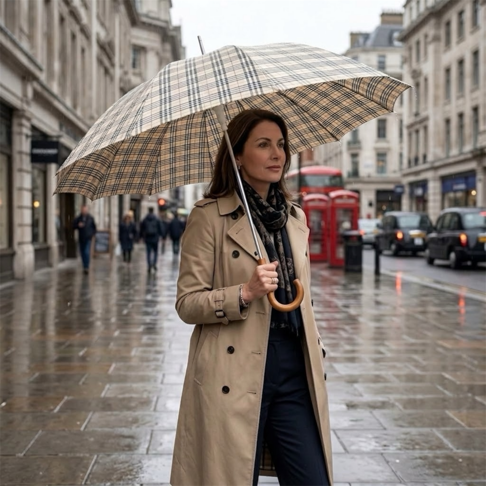 Classic Tartan Design Long Umbrella with Wooden Crook Handle , 12-Rib Traditional Walking Umbrella