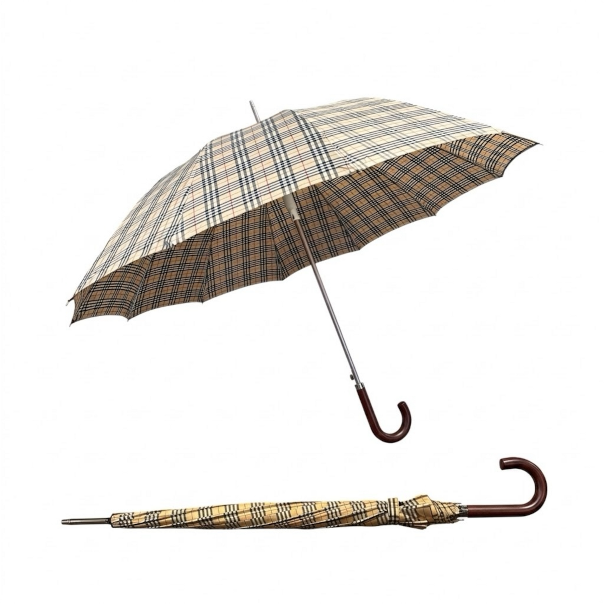 Classic Tartan Design Long Umbrella with Wooden Crook Handle , 12-Rib Traditional Walking Umbrella