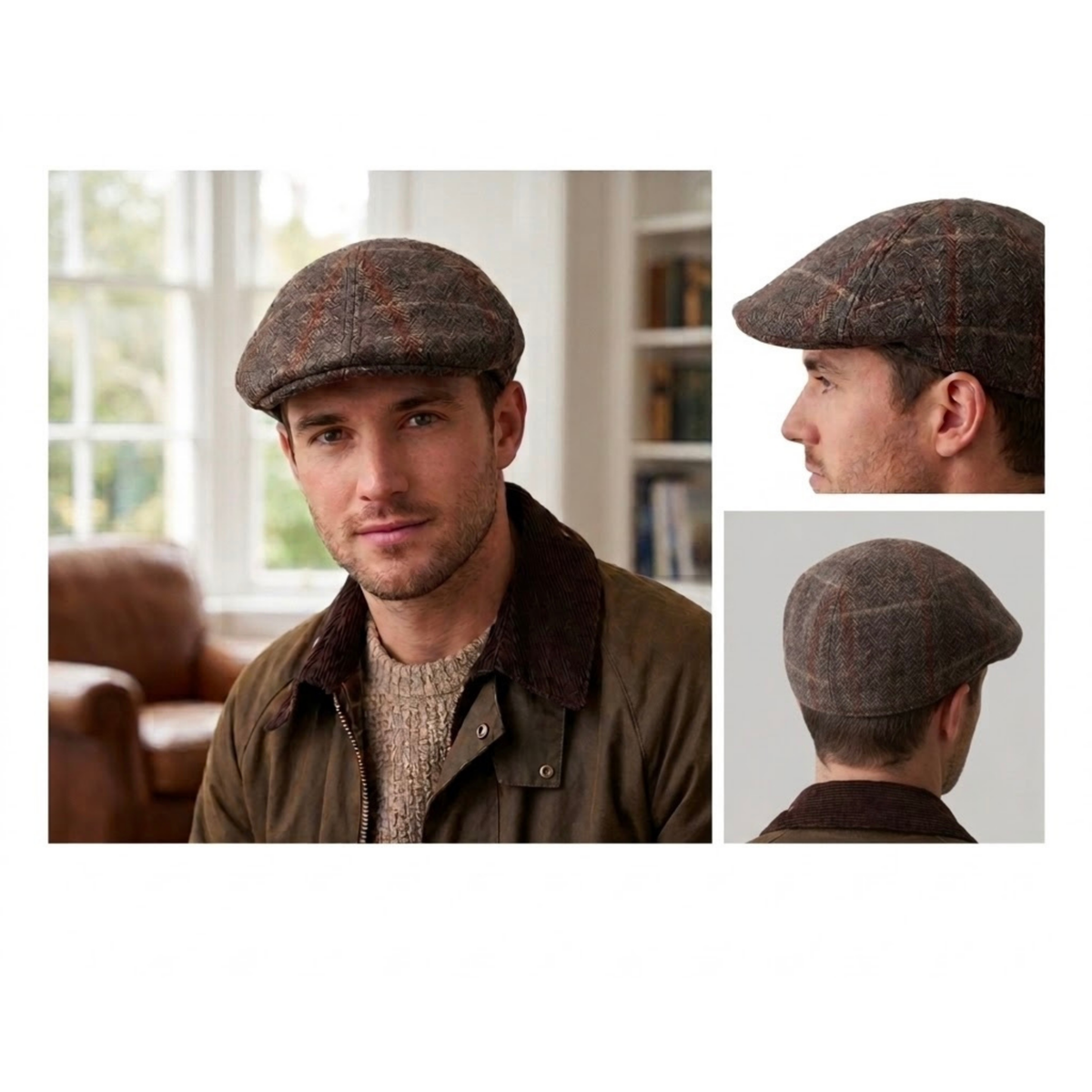 6 Panel Flat Cap, Plaid Wool Blend Hat, Classic Ivy Cap, British Style Cap