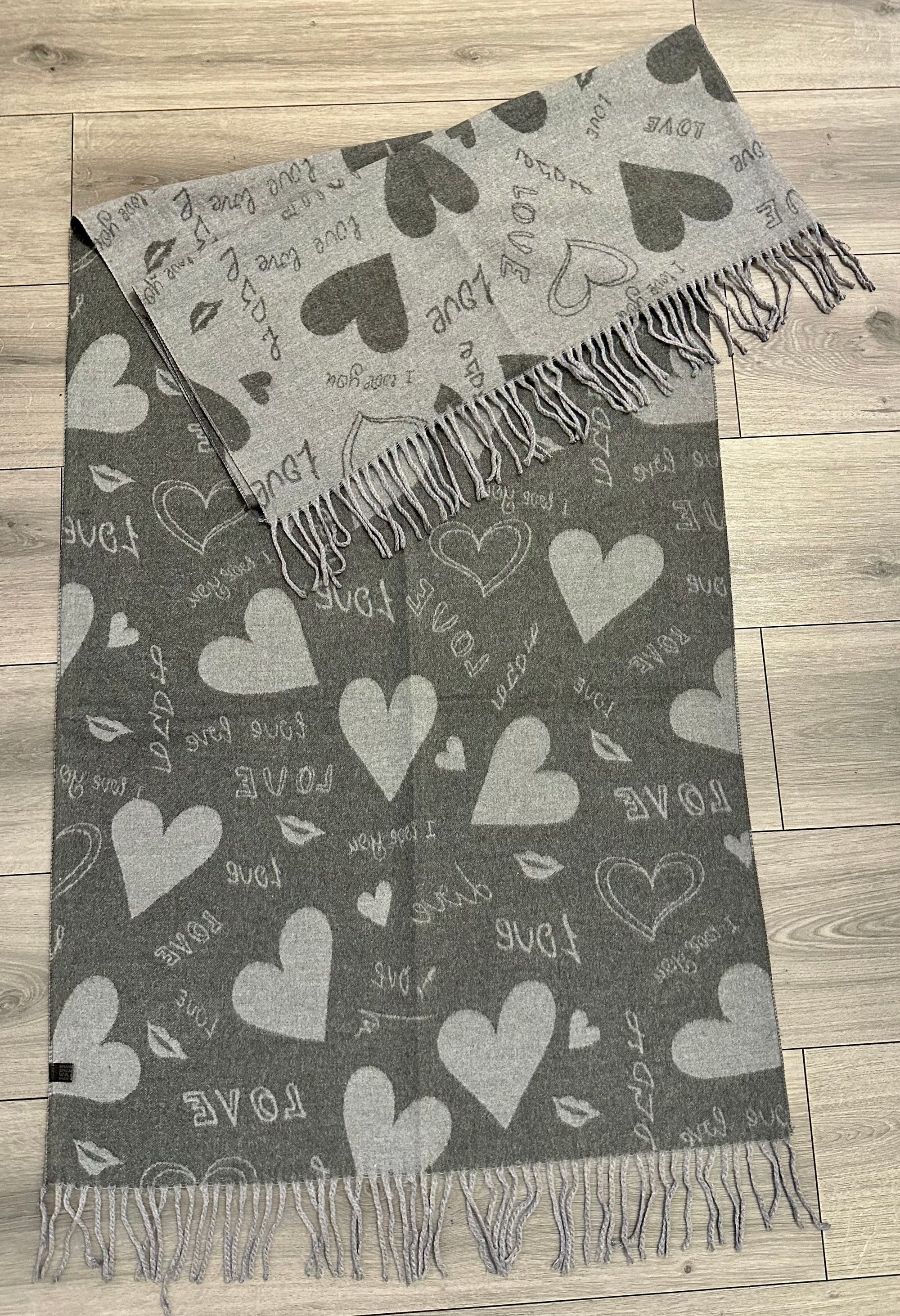 Soft I Love You Heart Design Cashmere Blend Reversible Winter Warm Scarf Shawl