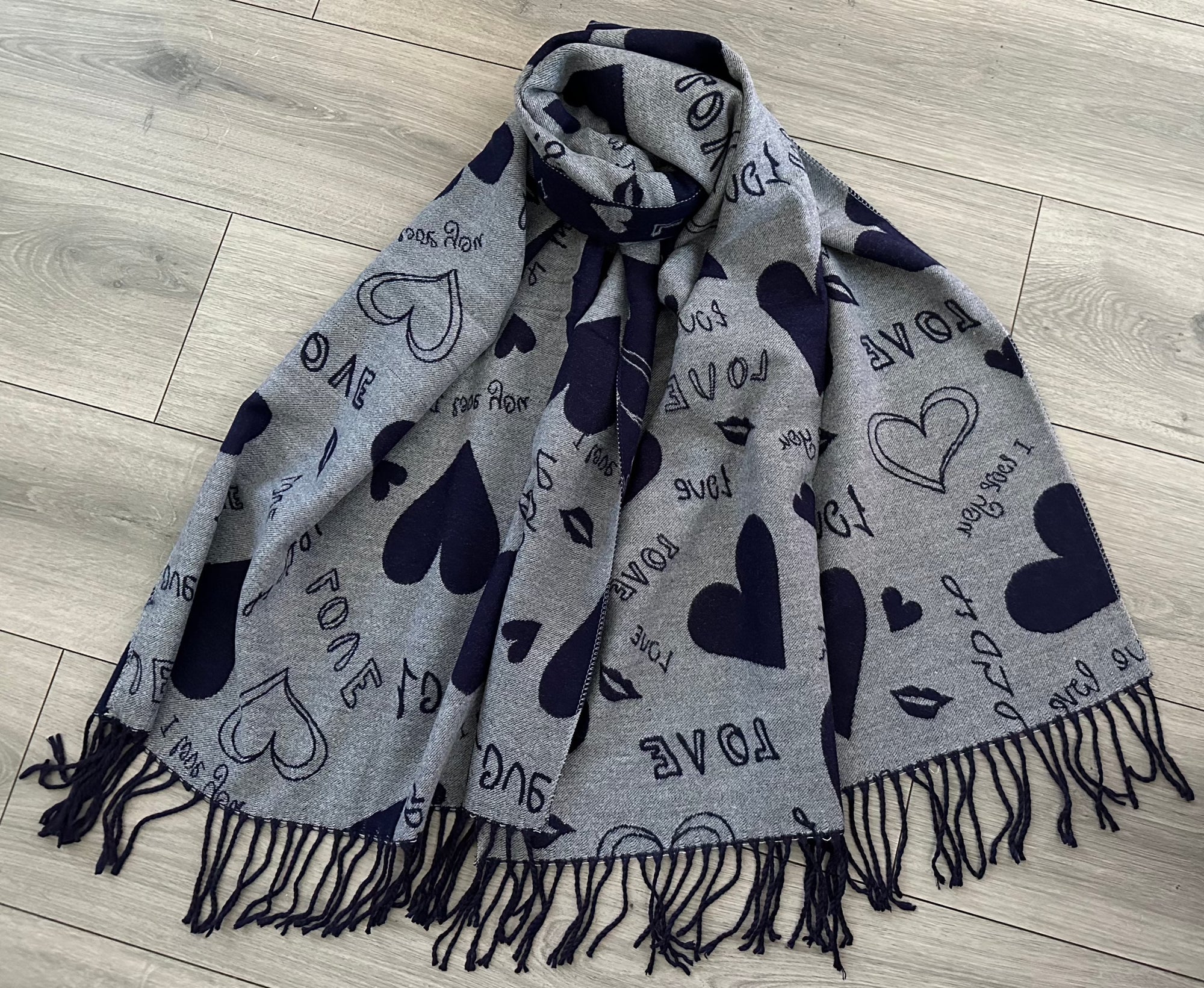 Soft I Love You Heart Design Cashmere Blend Reversible Winter Warm Scarf Shawl