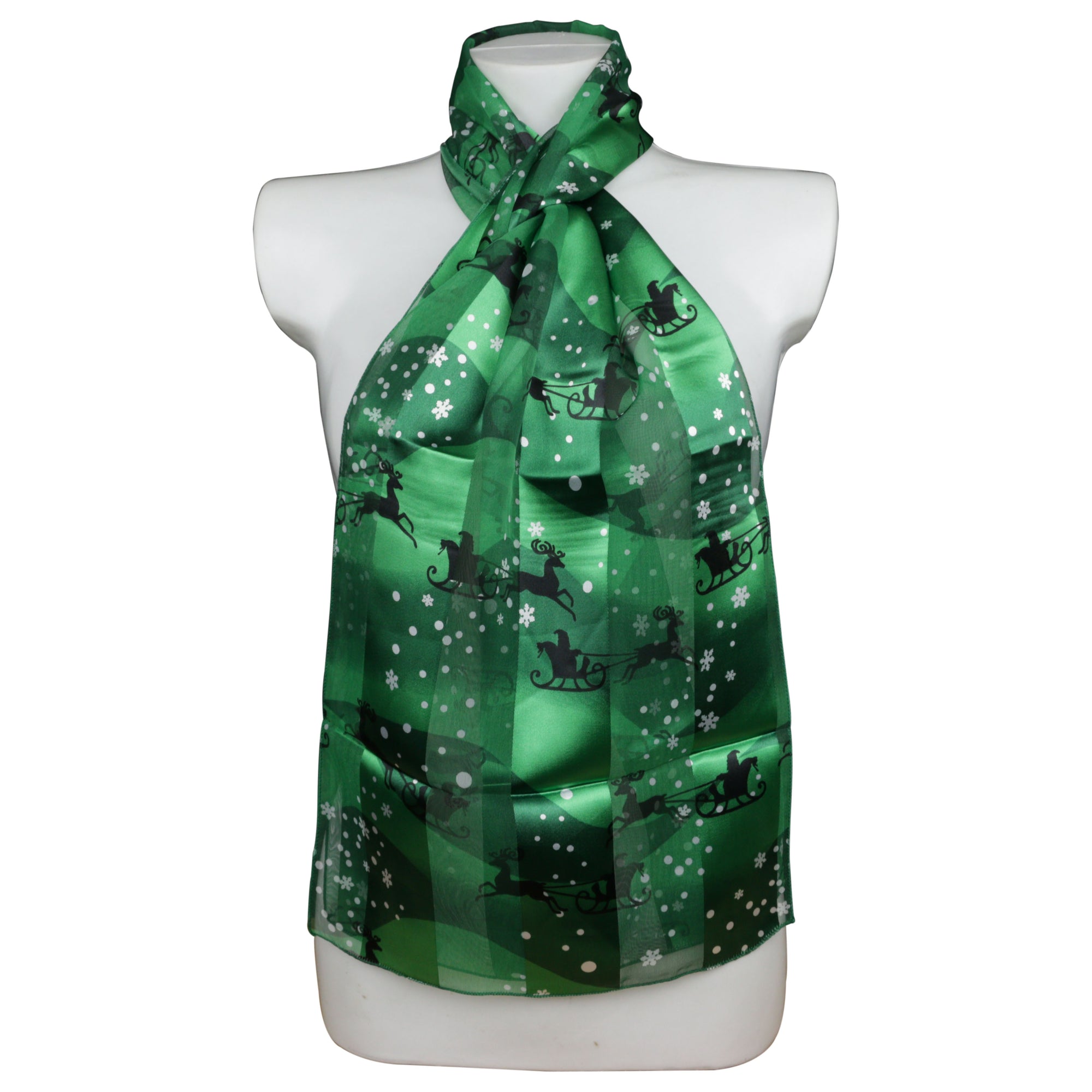 Christmas Reindeer Snowflake Green Silky Satin Striped Chiffon Ladies Scarf Shawl